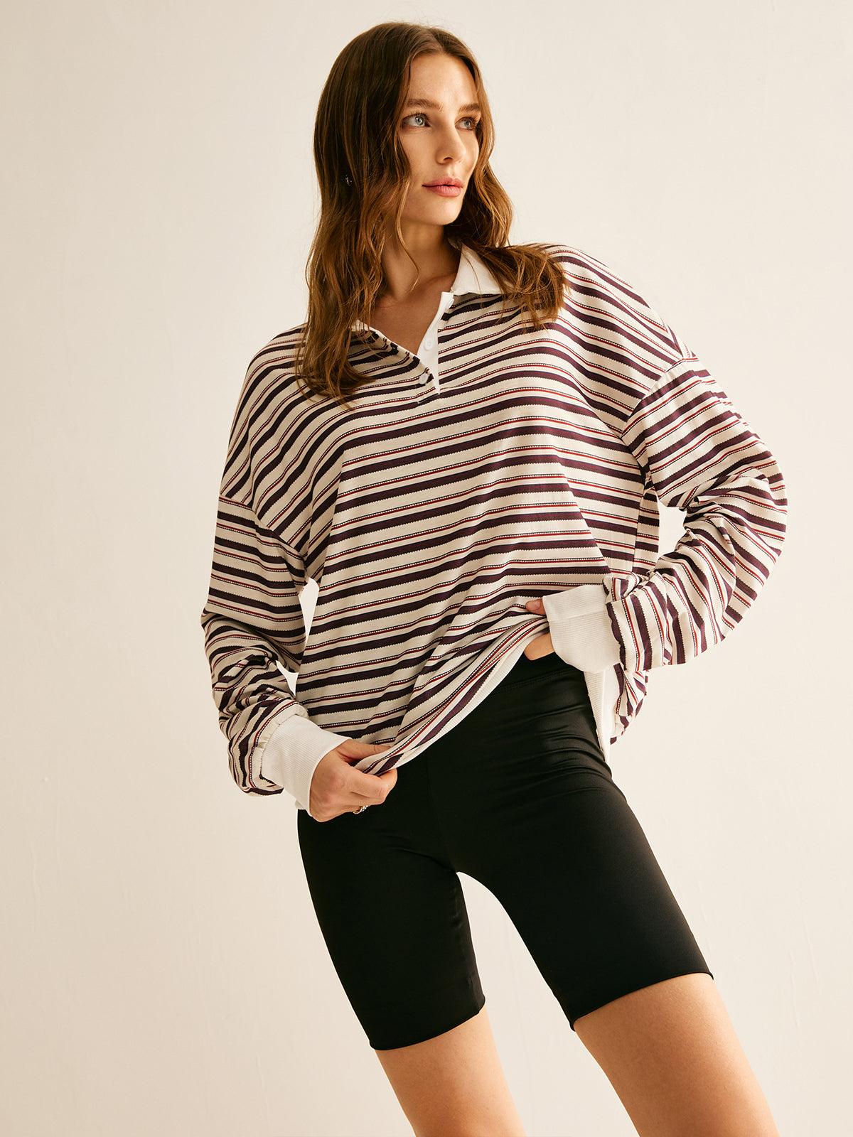 Contrast Trim Striped Polo Sweatshirt Contrast Trim Striped Polo Sweatshirt