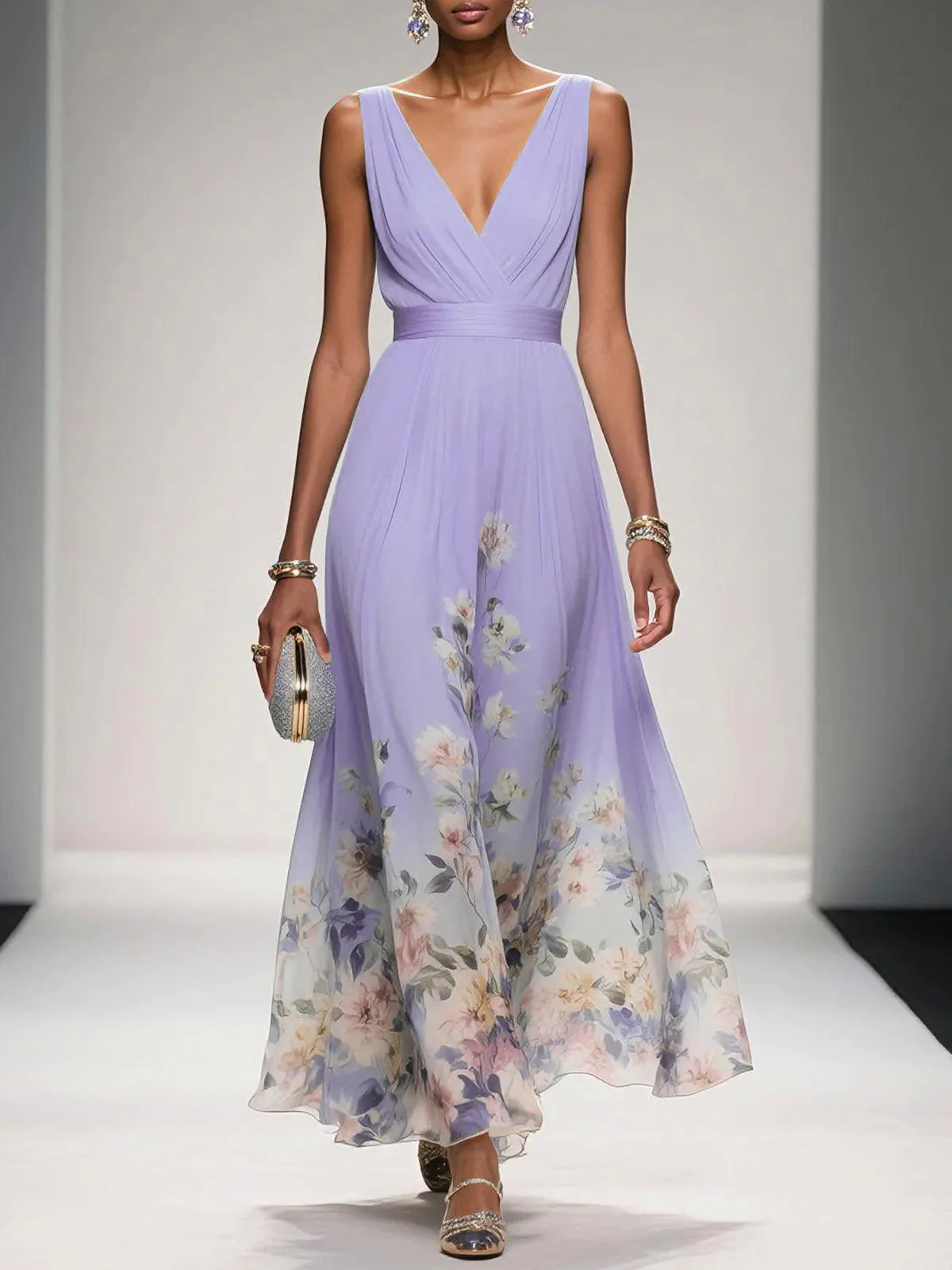 Light Blue Floral Chiffon V Neck Sleeveless A-Line Maxi Dress Light Blue Floral Chiffon V Neck Sleeveless A-Line Maxi Dress