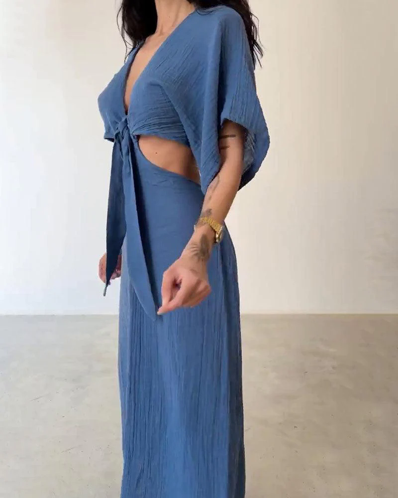 Lace-up exposed waist cotton and linen dress Lace-up exposed waist cotton and linen dress
