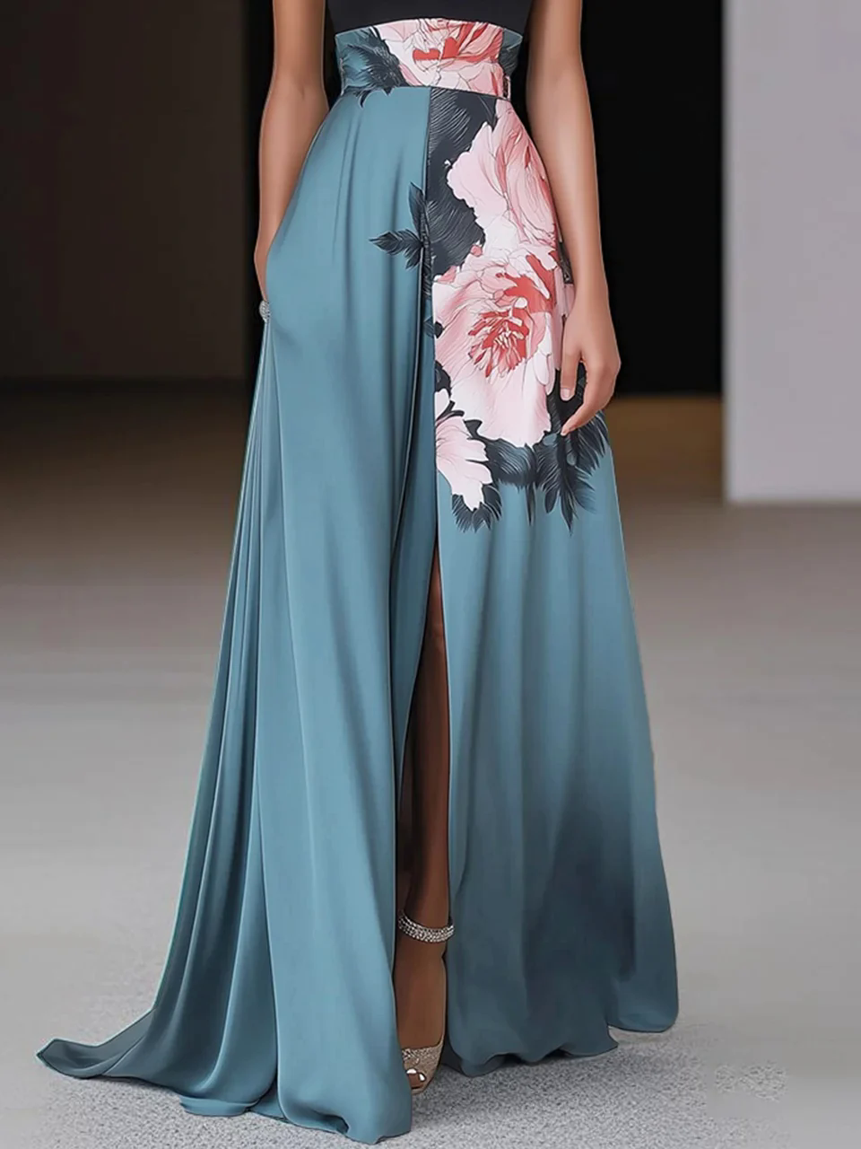 Black Slit Floral Classic Crew Neck Sleeveless A-Line Maxi Dress Black Slit Floral Classic Crew Neck Sleeveless A-Line Maxi Dress