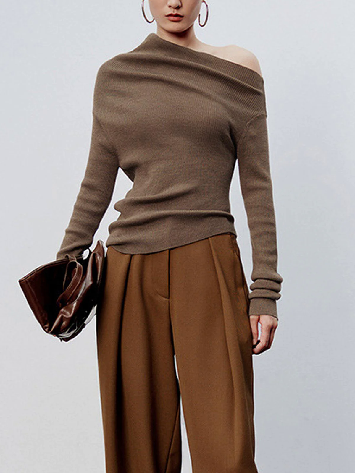 Caramel Asymmetric Neckline Long Sleeve Knit Top shkirt Suit Caramel Asymmetric Neckline Long Sleeve Knit Top shkirt Suit