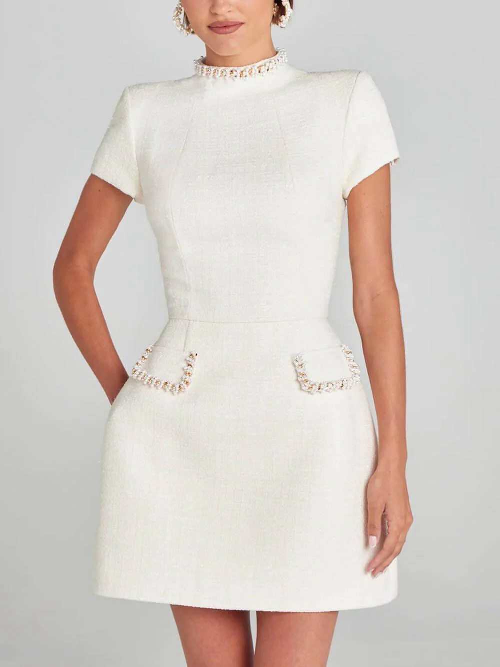 Exquisite And Playful Pearl Trim Pocket Mini Dress Exquisite And Playful Pearl Trim Pocket Mini Dress