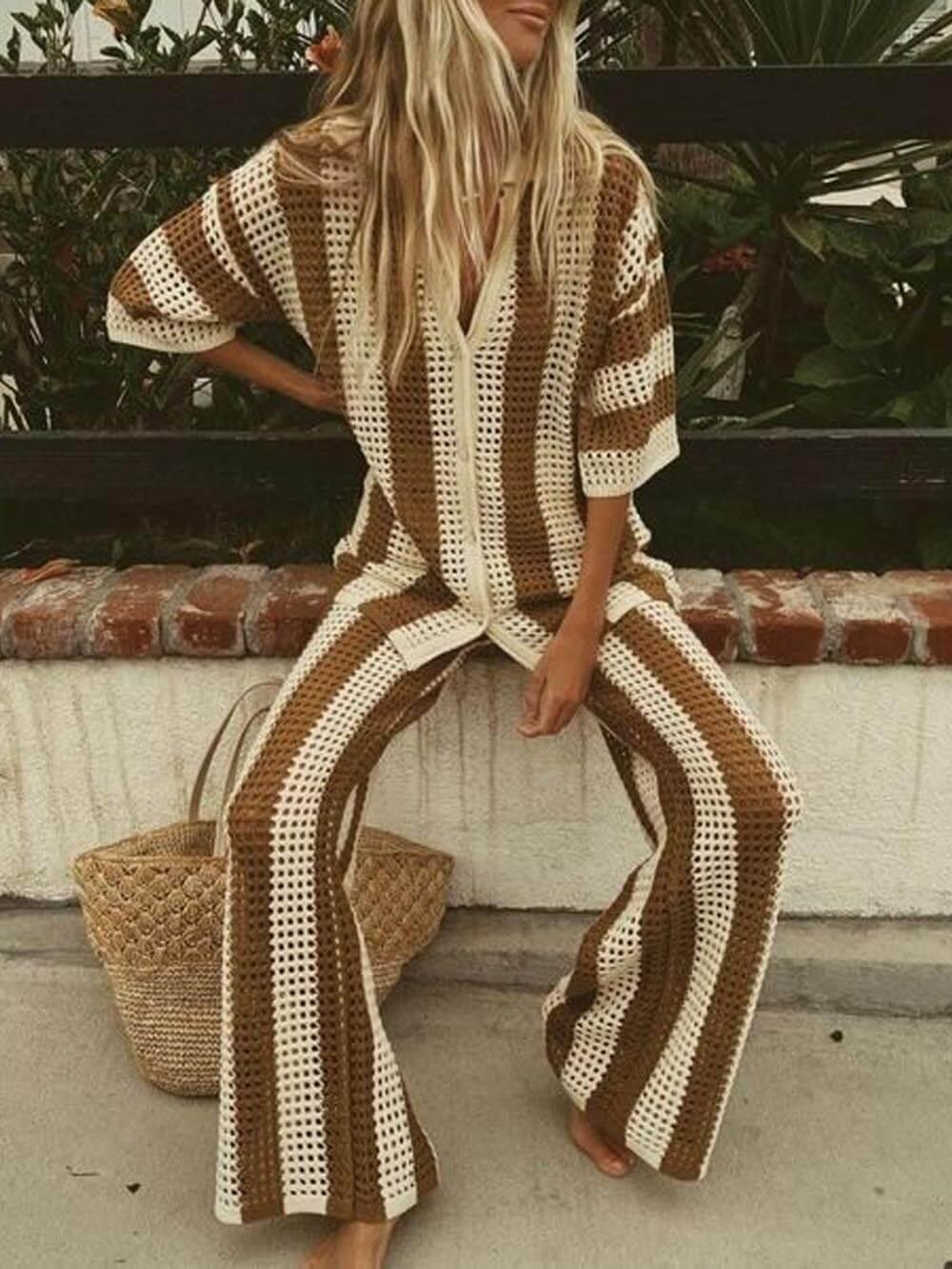 Loose V-Neck Fashion Hollow Out Striped Shirt Wide Leg Pants Set Loose V-Neck Fashion Hollow Out Striped Shirt Wide Leg Pants Set