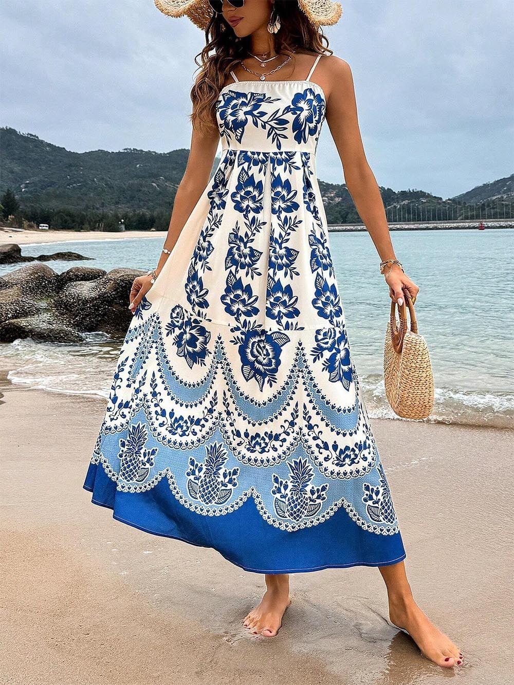 Ethnic Floral Print Back Smocked Loose Midi Dress Ethnic Floral Print Back Smocked Loose Midi Dress