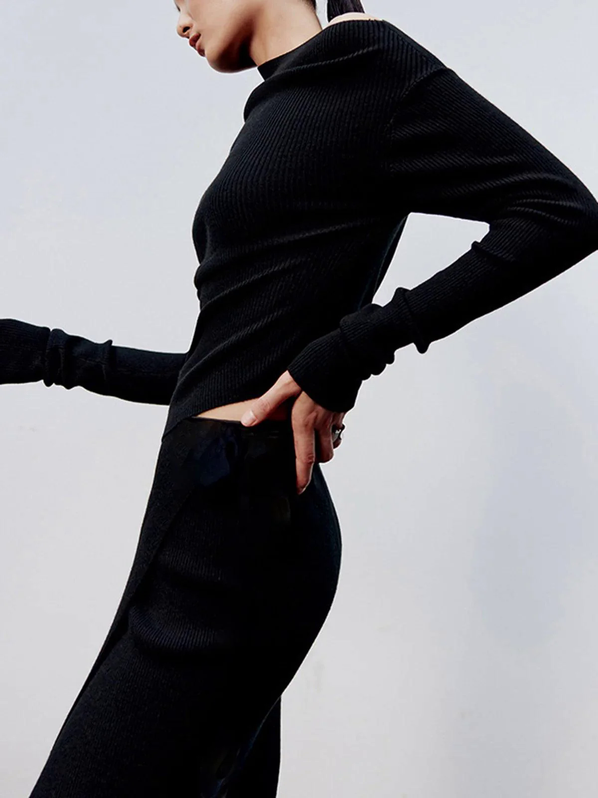 Caramel Asymmetric Neckline Long Sleeve Knit Top shkirt Suit Caramel Asymmetric Neckline Long Sleeve Knit Top shkirt Suit