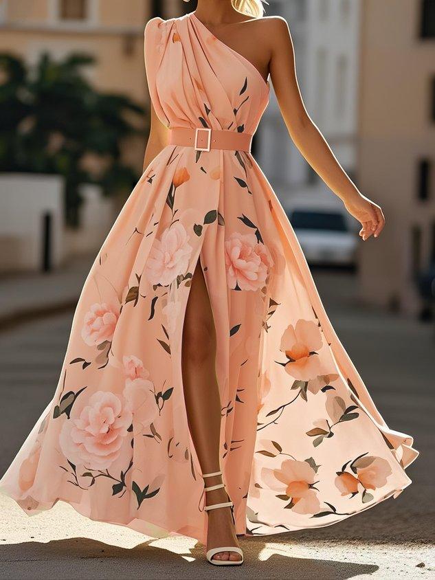 Light Green Floral Ruched One Shoulder A-Line Maxi Chiffon Dress Light Green Floral Ruched One Shoulder A-Line Maxi Chiffon Dress