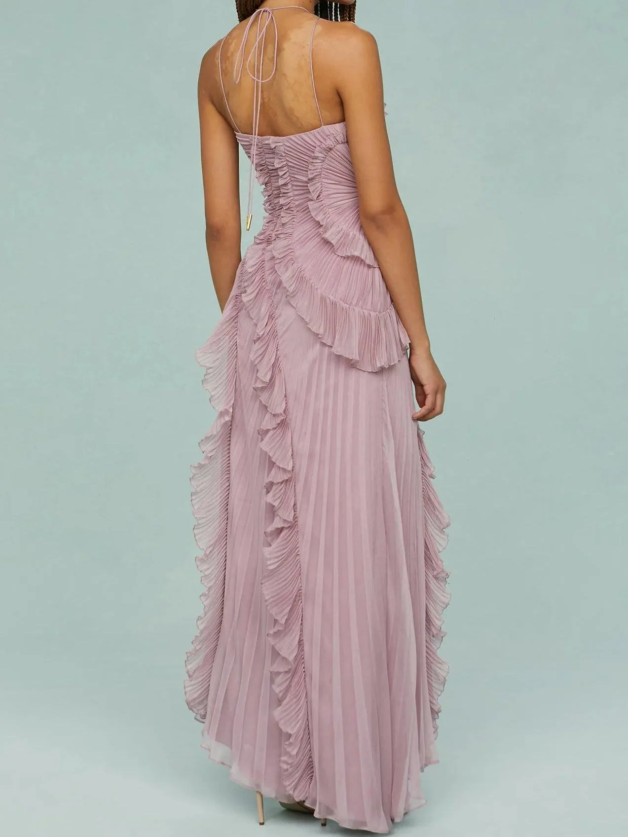 Pleated Suspender Long Dress With Slits Pleated Suspender Long Dress With Slits
